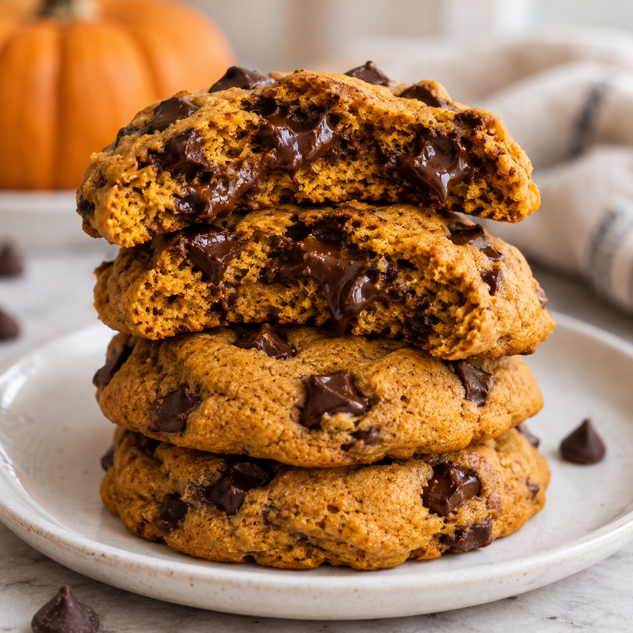 Pumpkin chocolate chip cookies on a plate