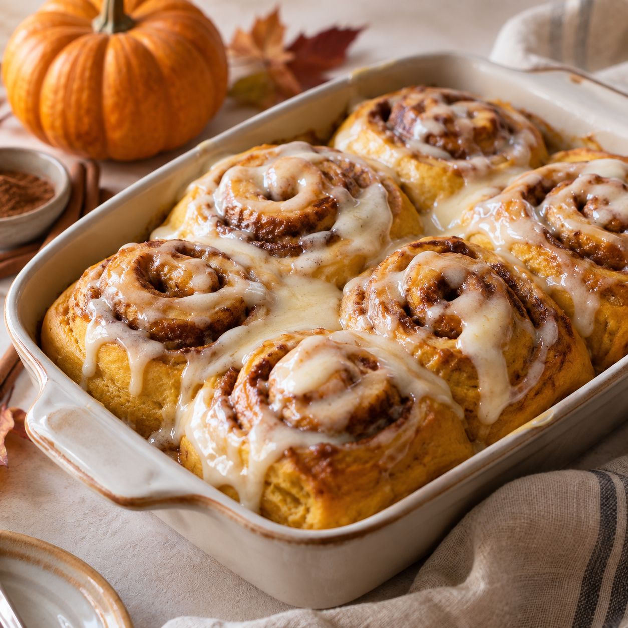 Soft pumpkin cinnamon rolls with creamy frosting