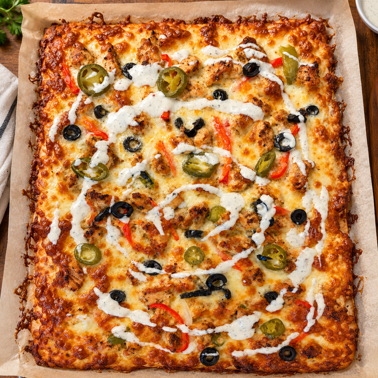 Homemade ranch chicken pizza with mozzarella, olives and jalapenos
