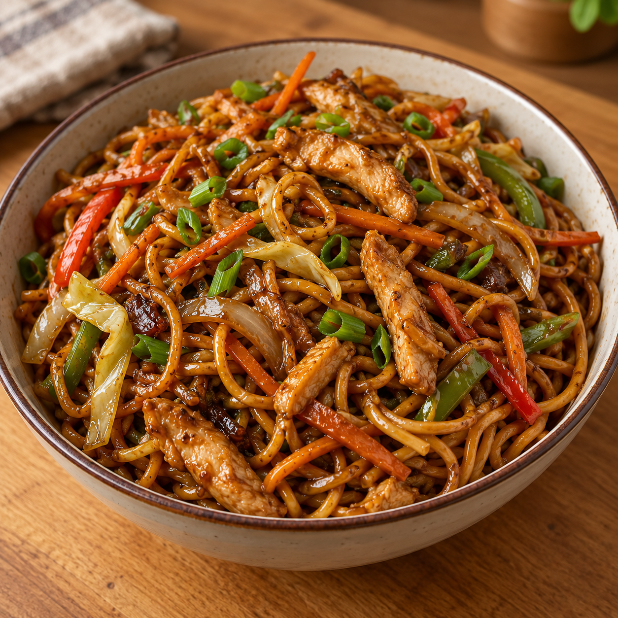 Homemade chicken chow mein served hot