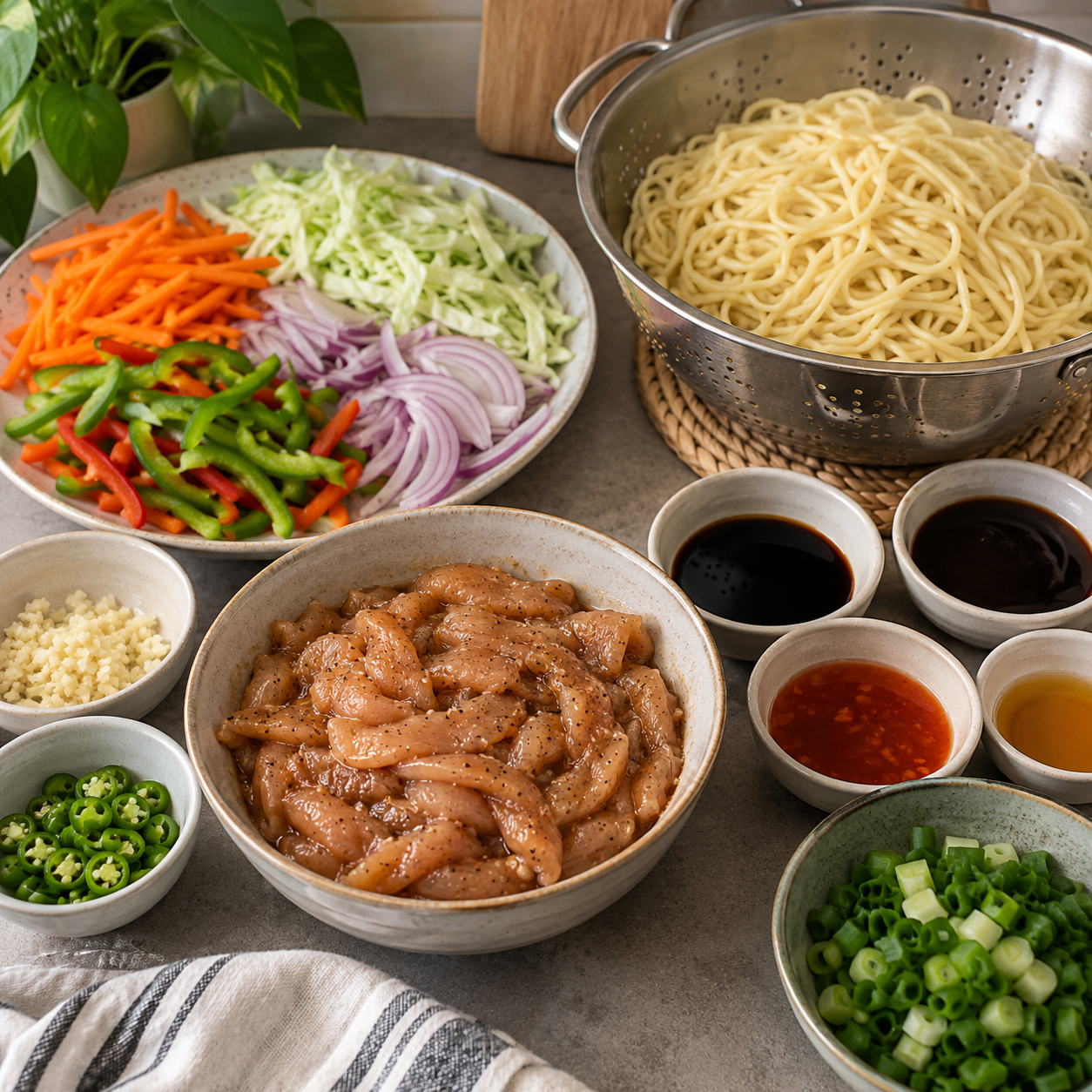 Chicken chow mein ingredients and noodles before cooking