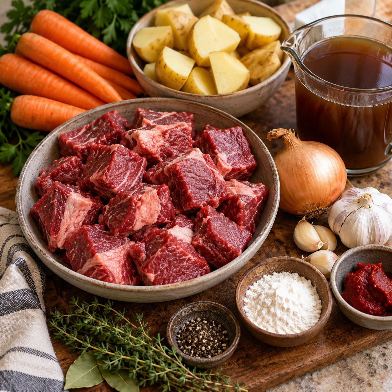Ingredients for slow cooker beef stew pot roast with chuck roast carrots potatoes and broth