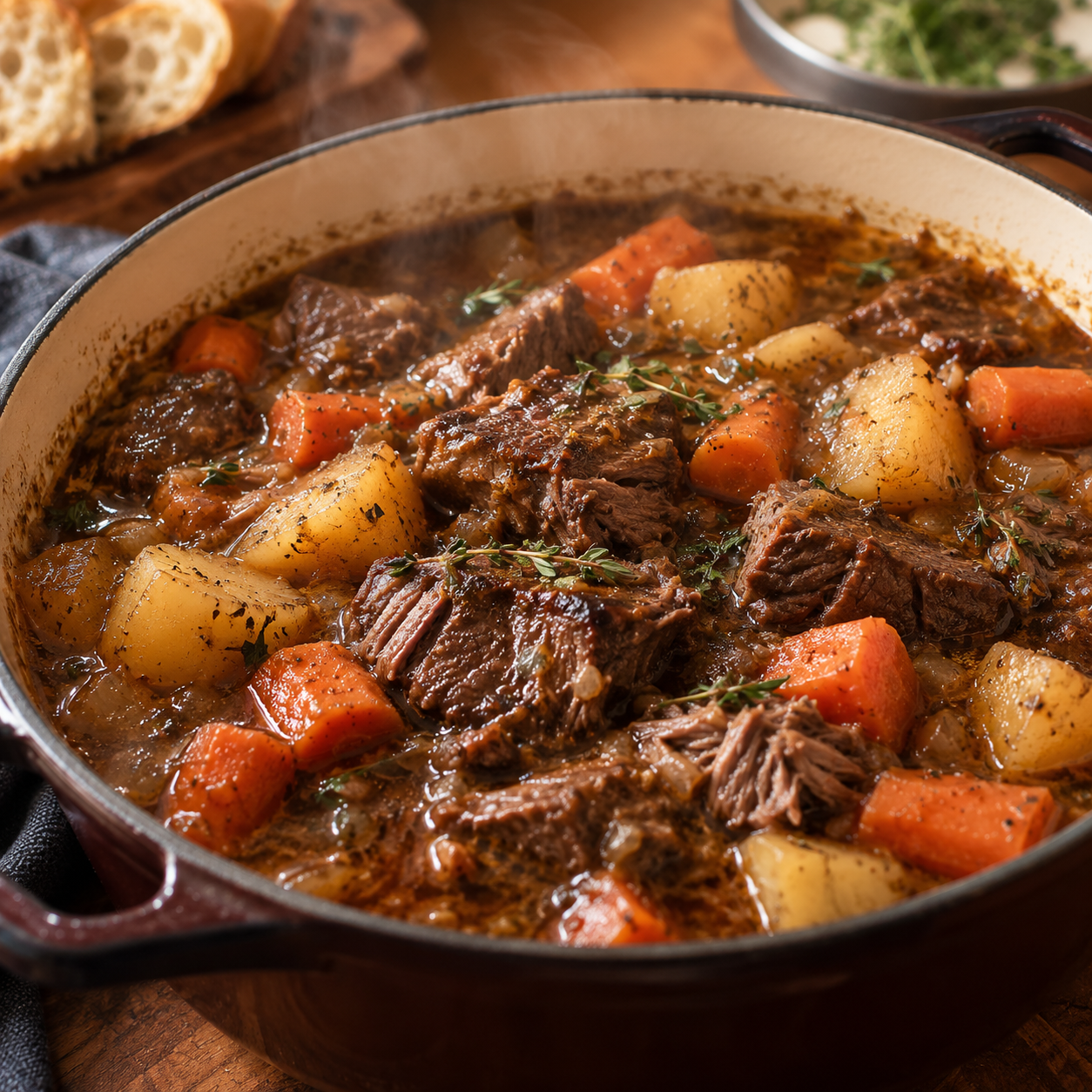 Tender beef stew pot roast served with carrots potatoes and gravy