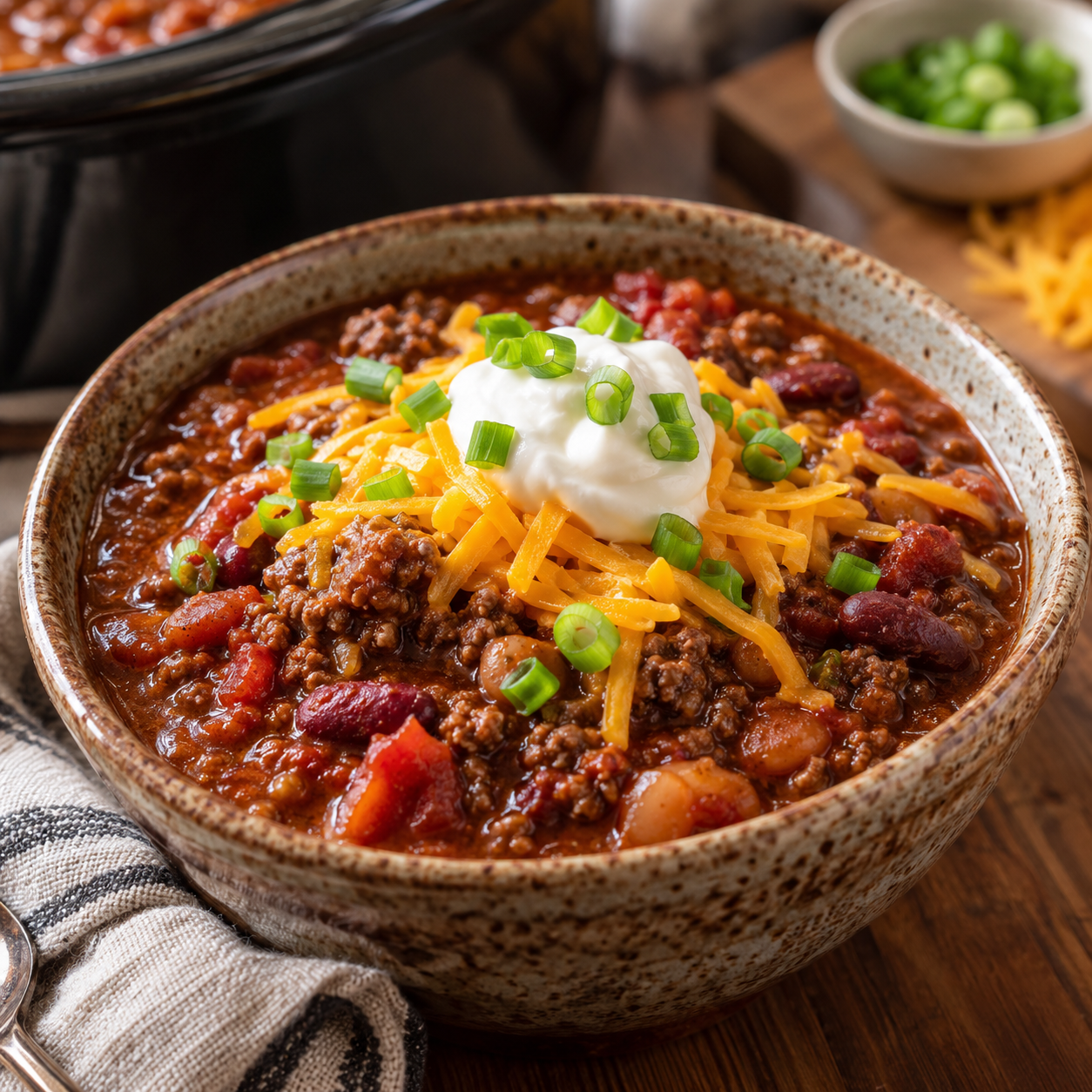 Easy crockpot chili served in a bowl with cheese and sour cream