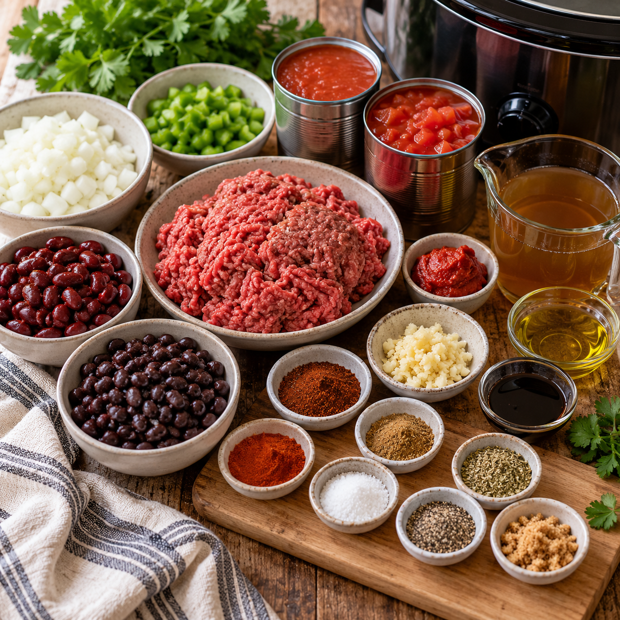 Ingredients for crockpot chili with ground beef beans tomatoes onion and spices